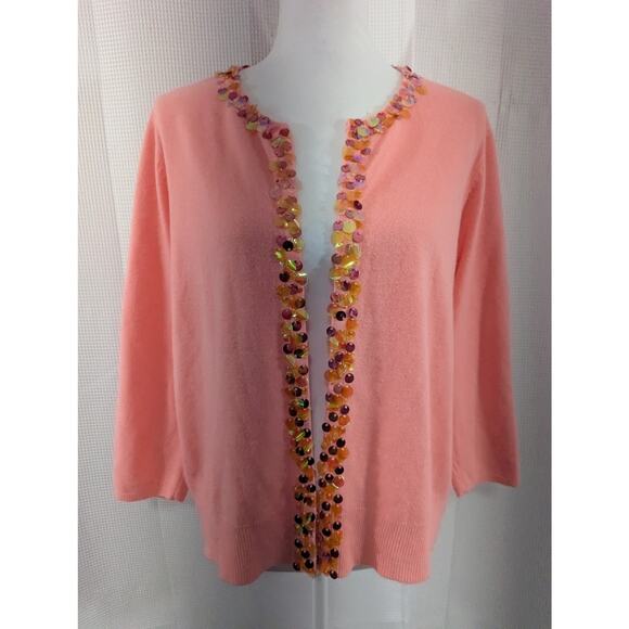 NWOT! RQT! BRIGHT CORAL/SALMON W/IRIDESCENT SEQUIN DETAIL CARDI SWEATER! SZ XL - Picture 2 of 8